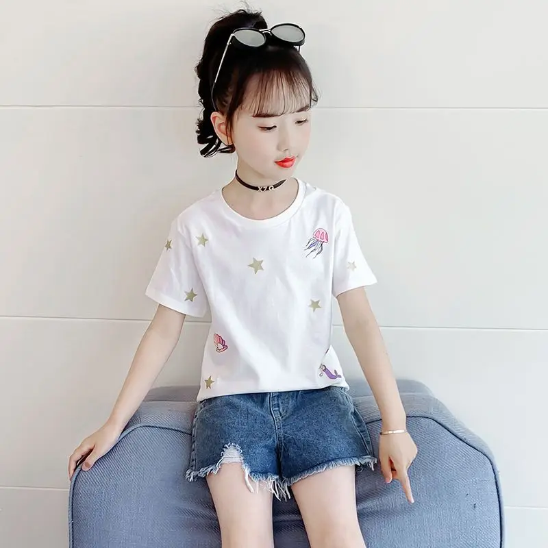 

Girls Kids Summer T-Shirt 2026 New Korean Style Short Sleeve Crew Neck Casual Top Lightweight Fashion Tee for Big Children
