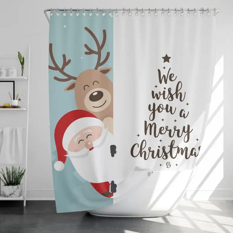 Christmas Shower Curtain with 12 Hooks Waterproof, Christmas Bathroom Decor, Housewarming Gift