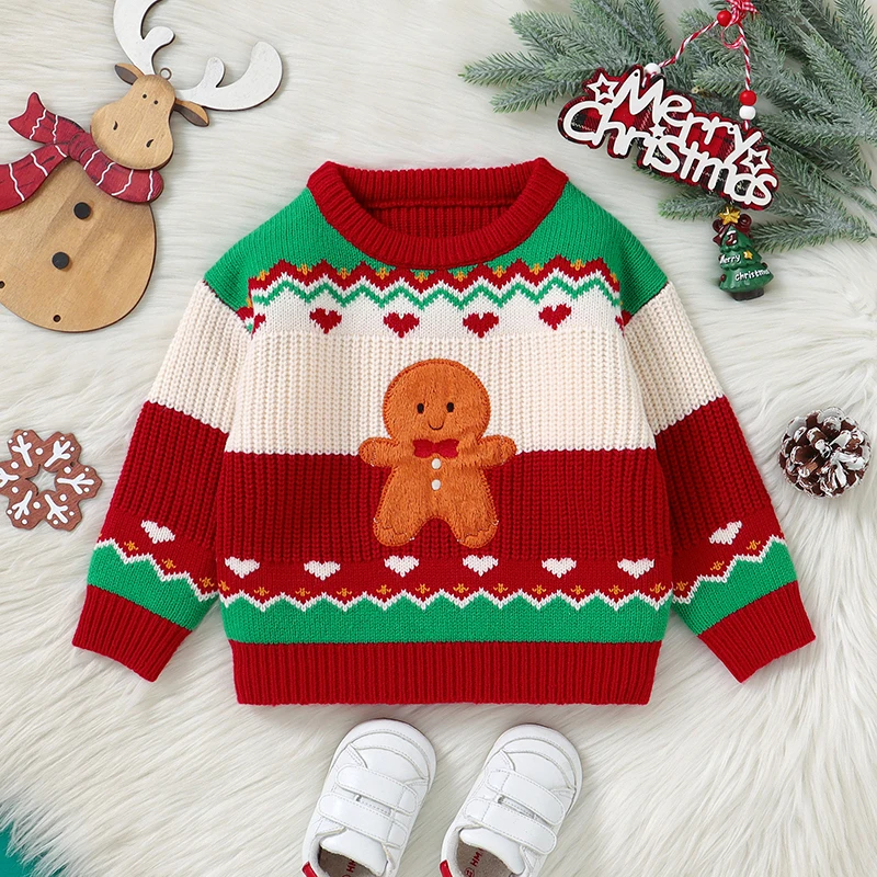 Toddler Christmas Sweaters Gingerbread Man Embroidered Long Sleeve Round Neck Ribbed Knitted Pullover