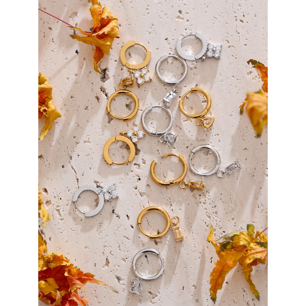 Yhpup Delicate Cubic Zirconia Heart Water Drop Flower Drop Hoop Earrings Stainless Steel Premium Daily Jewelry 2025