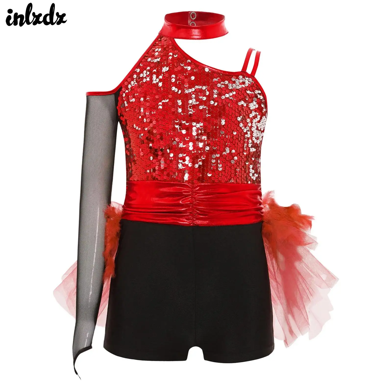 

Kids Girls Hip Hop Jazz Dance Performance Costume Sparkly Sequins Bodice Feather Tulle Skirted Leotard Ruched Waist Jumpsuit