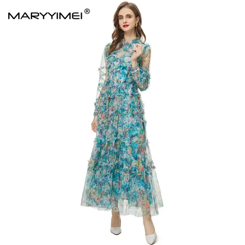 فستان Gedivoen Fashion الصيفي للنساء بأكمام طويلة مخطط الصالحة للأكل على شكل شجرة فطر شبكي مطبوع عليه زهور فساتين أنيقة للحفلات