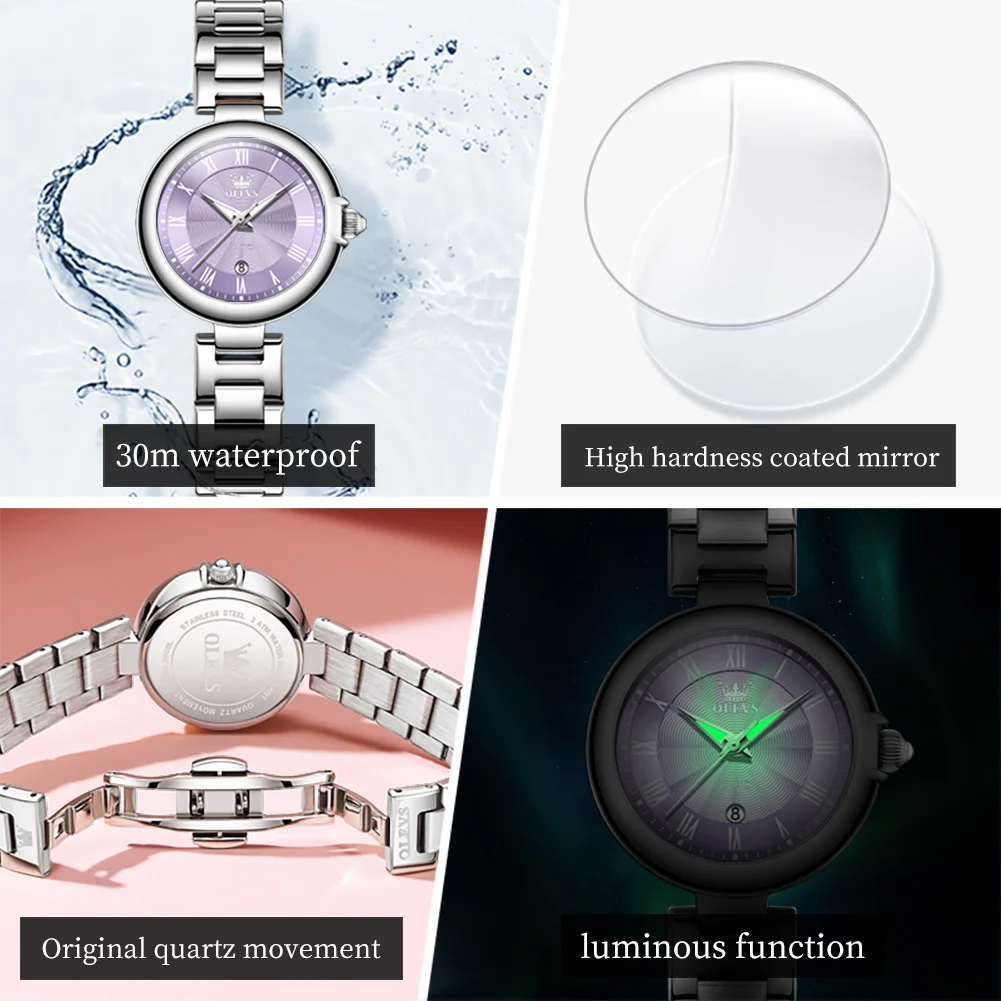 OLEVS Original Brand Luxury Quartz Watches for Women Waterproof Vintage Fashion Stainless Steel Silver Purple Ladies Watch 5608