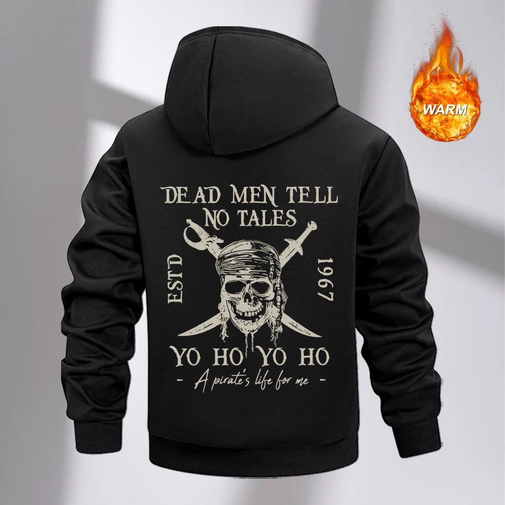 Men's Pirate Print Zipper Hooded Jacket Thickened And Warm Autumn And Winter Zipper Pocket Outerwear Casual And Commute Top