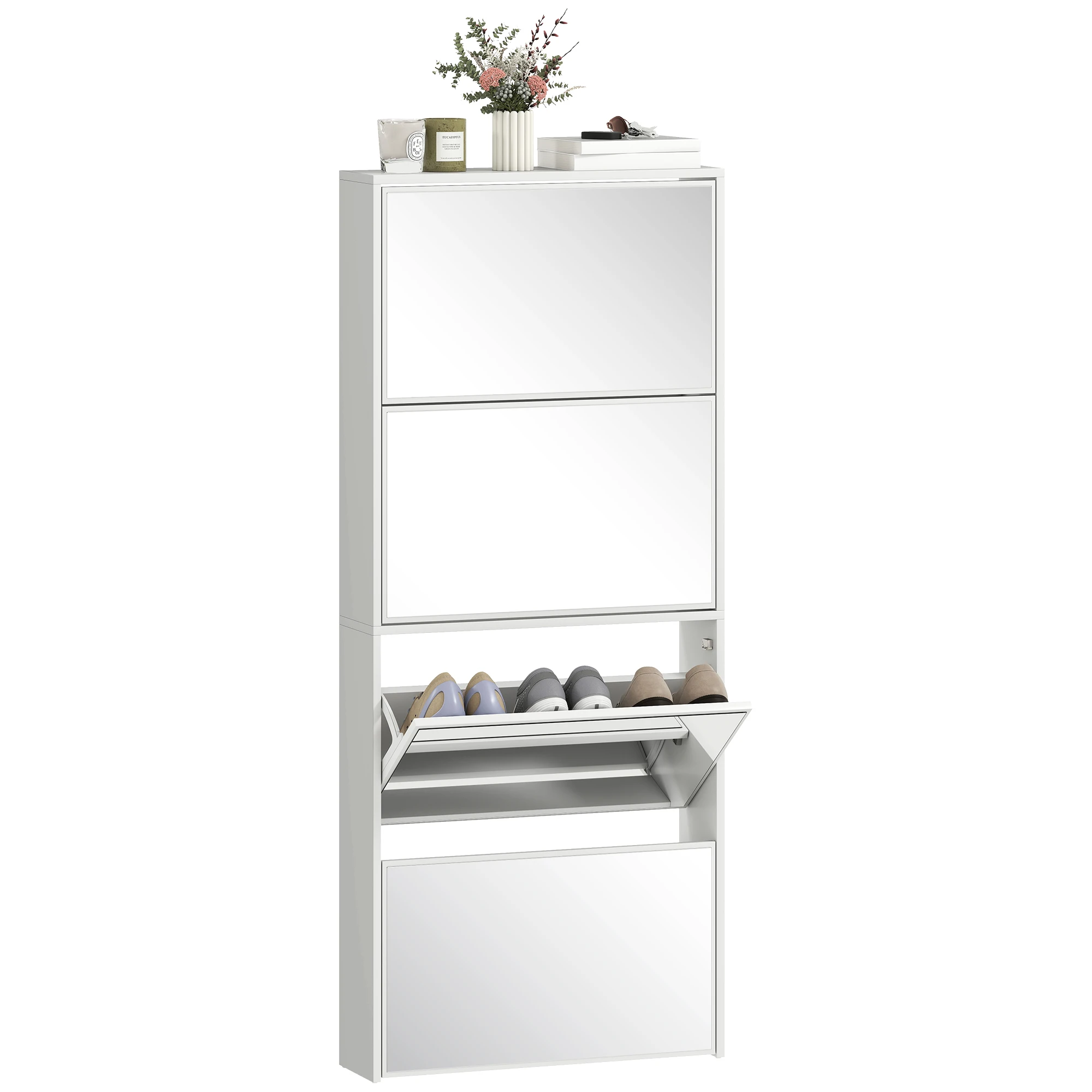 HOMCOM Zapatero Estrecho con Espejo y 4 Puertas Abatibles para 12  Pares de Zapatos 63x17x146 cm Blanco