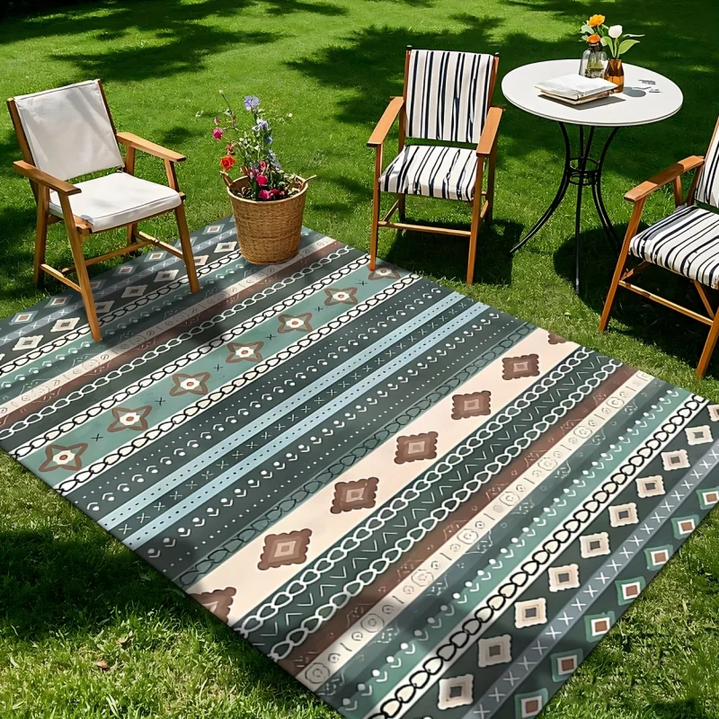 VIKAMA Geometric Lines Outdoor Carpet Anti-slip and Easy-to-Clean Terrace Floor Mat Camping Caravan Carpet Home Decoration