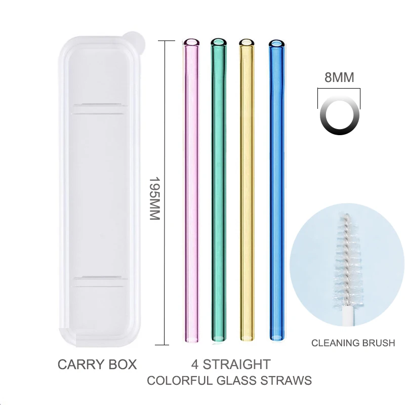 Carry Box Multi-Color Glass Straws Set Eco-friendly Reusable Drinking Straws for Cocktail Smoothie Milkshake