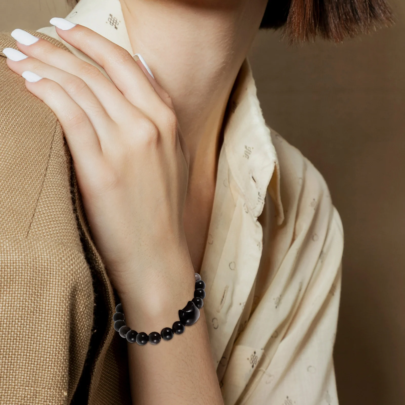 

Charming Obsidian Cat Bracelet Adorable Handmade Beaded Wrist Accessory for Daily Wear Cat Charm Bracelets for Women