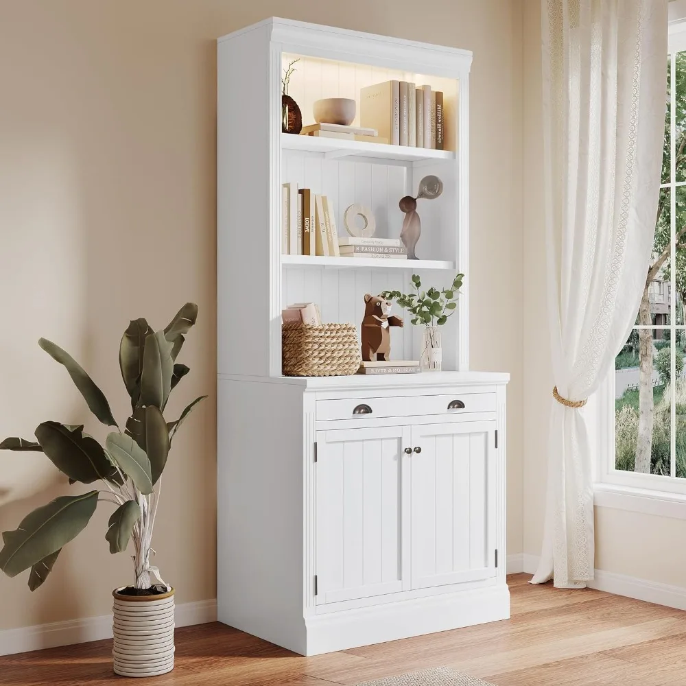 Multi-Purpose Bookcase, High Shelf with 2 Doors, 1 Drawer with LED Lights, Solid Wood Storage Cabinet, Utensil Bookcase