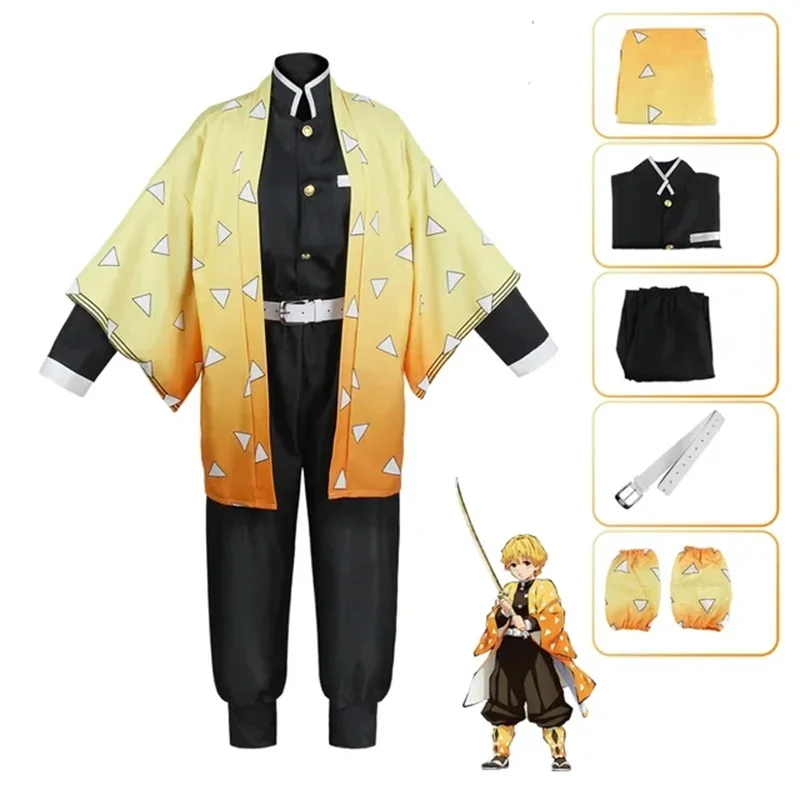 Adult and Kids Anime Demon Slayer Kimetsu No Yaiba Agatsuma Zenitsu Costume Cosplay Kimono Uniform Halloween Party Costumes