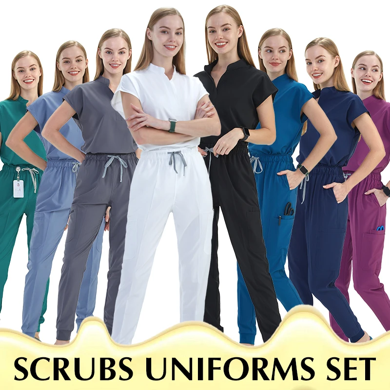 10 Tasche Set Scrub da Donna Collare Mandarino Infermiera Medica Uniforme Dottore Vestiti Tunica Jogger Pant Scrub Chirurgico Vestito S180