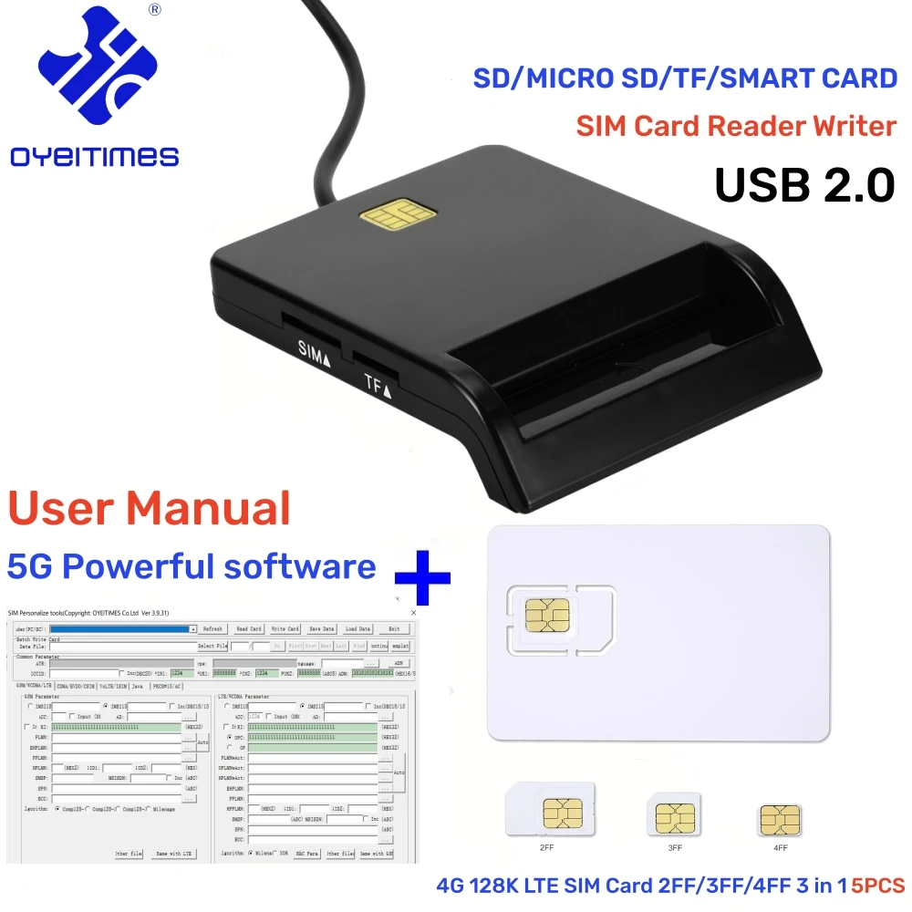 OYEITIMES SIM Card Reader Writer + 5PCS 2FF/3FF/4FF Programmable 4G LTE USIM Card WCDMA GSM SIM Personalize Tools