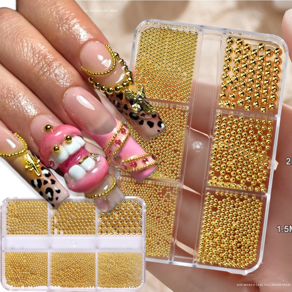 6 grades 6 tamanhos contas de metal dourado encantos da arte do prego, 0.8-1.5mm 3d contas de caviar do prego, decorações redondas de aço inoxidável dos grânulos da bola