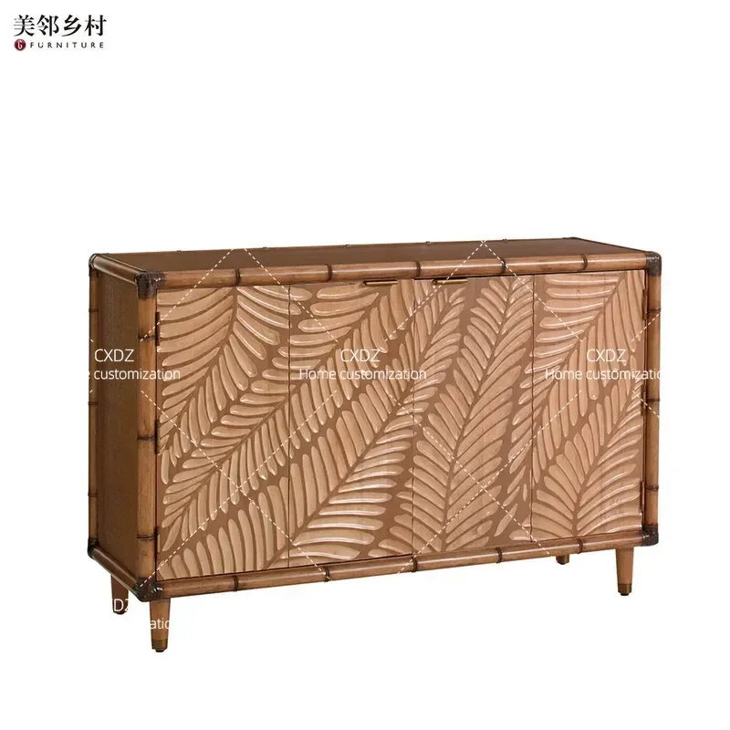 Tropical Island Style Solid Wood Carving Bamboo Joint Entrance Decorative Cabinet Foyer Locker Art Furniture Customization