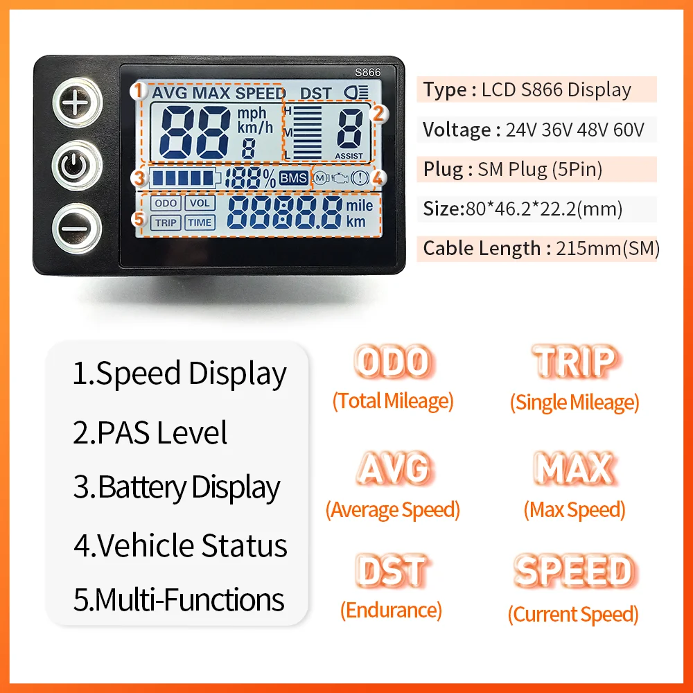 E-bike Bafang LED S866 Display for BBS01/BB02/BBSHD Bafang Mid Motor with 5 Pin Female Plug for Electric Bicycle Conversion