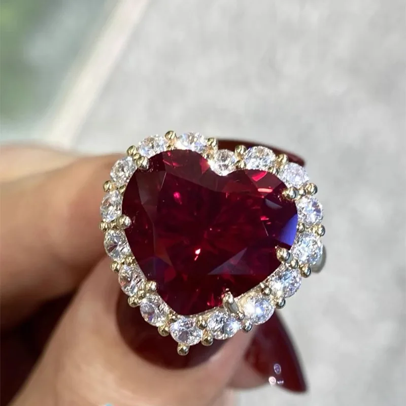 Cross-Border European and American Fashion Female with Hearts Peach Heart Ruby Ring Female Adjustable Opening High Sense Tempera