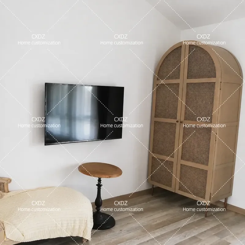 Nordic Solid Wood Two Door Wardrobe with Rattan Design Pine Storage Cabinet for Bedroom Home Furniture Customizable