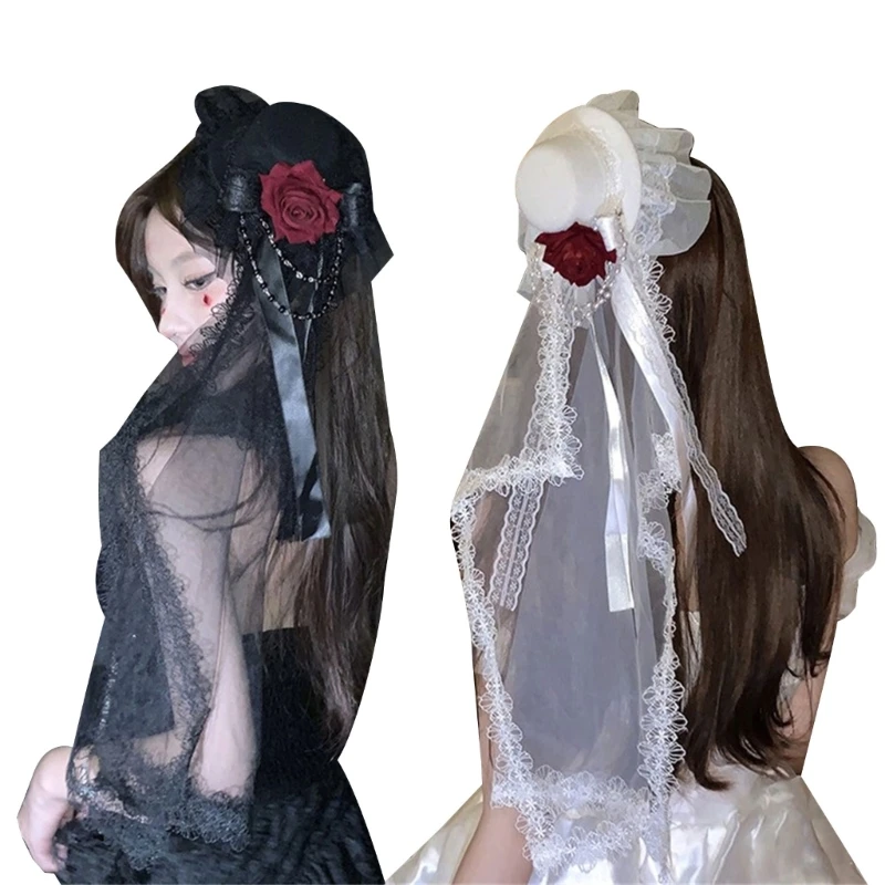 Long Veil Rose Hat Hair Clip for Female Girl Dark Series Lace Bowknot Veil Hair Pin Cosplay Costume Props for Halloween