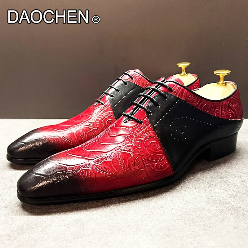 Zapatos de piel auténtica para hombre, calzado informal con cordones, punta estrecha, estampado, color rojo y negro, para boda y oficina