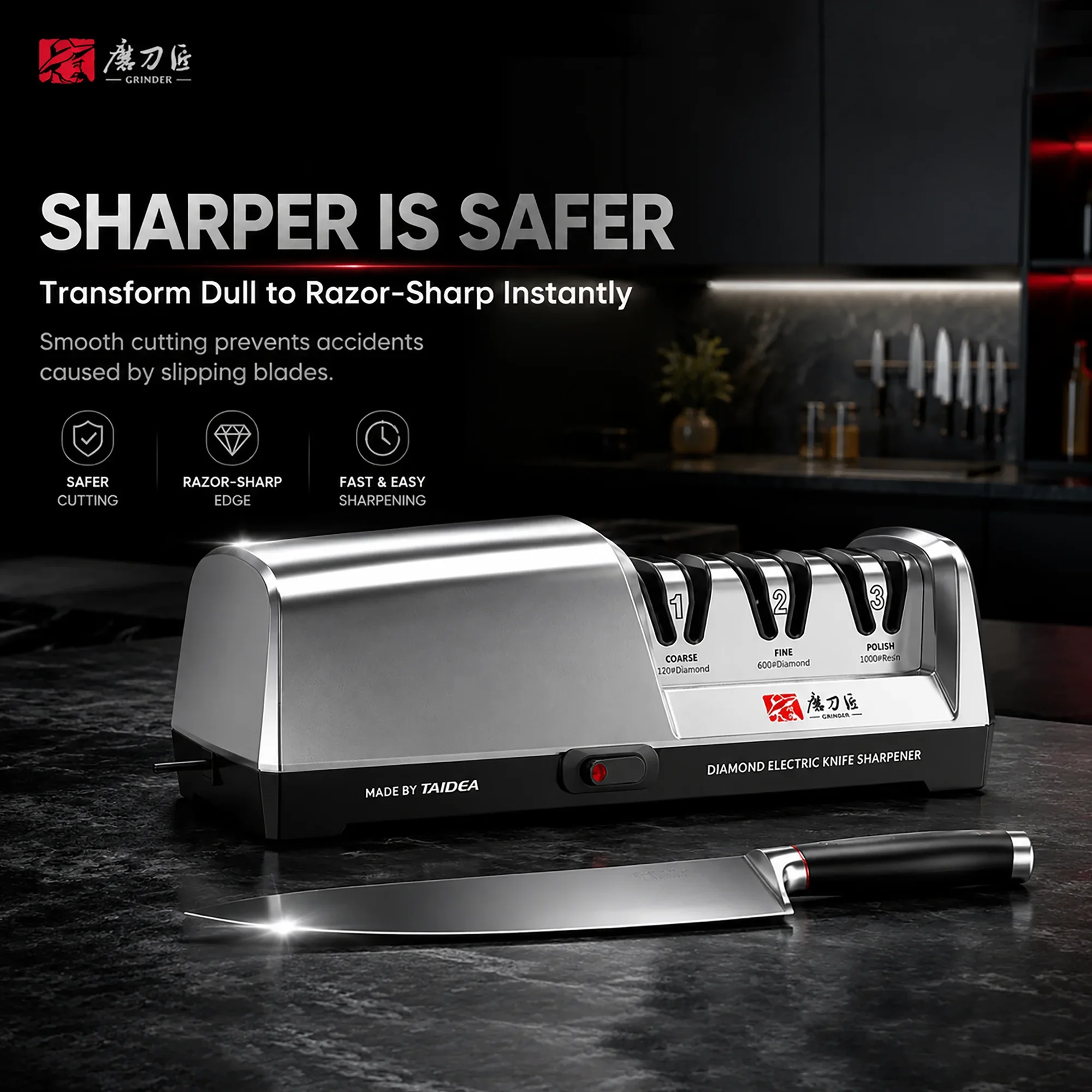 

Fast Electric Knife Sharpener for Kitchen, 3-Stage 15° Angle Guide, Stainless Steel Head, Sharpening Repair Polish