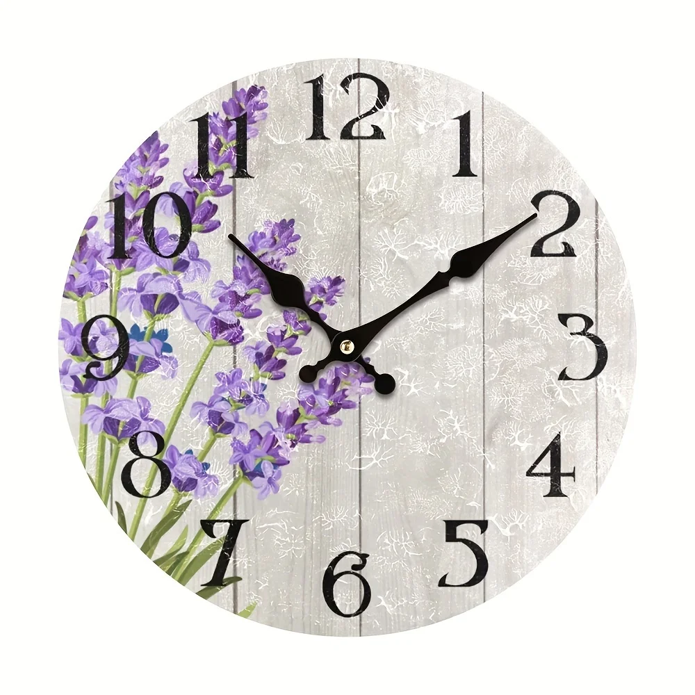 

Wooden Wall Clock with Lavender Floral Design, Non-Ticking Silent Quartz Movement, Decorative Battery-Operated Round Clock