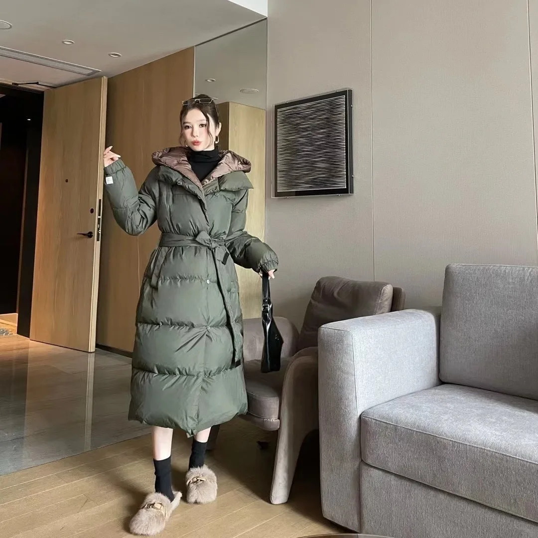 Women\'s Adjustable Waist Coat 90% White Duck Down Jacket Fashion Fake Two-piece Down Jacket Detachable Hooded Warm Loose Parka