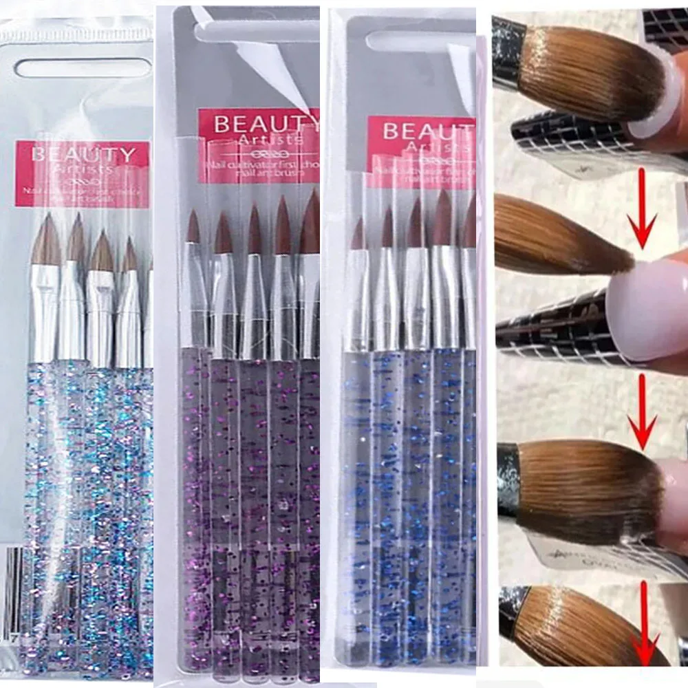 5/5/7pc Acrylic Powder Extension Nail Brush 10/13/15/17/19mm Professional Glitter Handle Crystal Brush DIY Building Polyer Brush