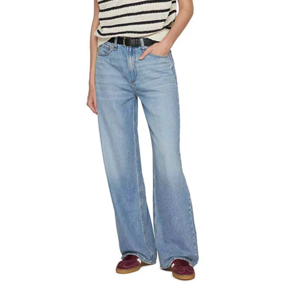 

Maxdutti Minimalist Boyfriend Style Light Blue Jeans American Retro High Waisted Loose Straight Leg Denim Pants Woman Clothes