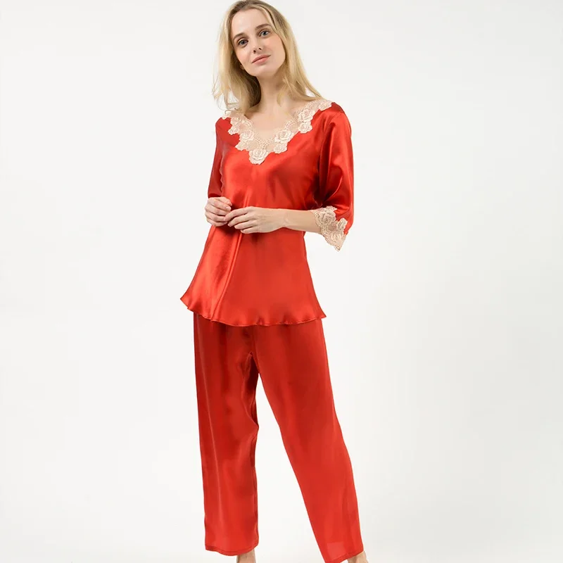 100% Real Silk Tee Top and Pants Pajamas Suit Lace Trim V Neck Sleepwear Solid Color Women's Loungewear Set Pajama Nightwear Pjs