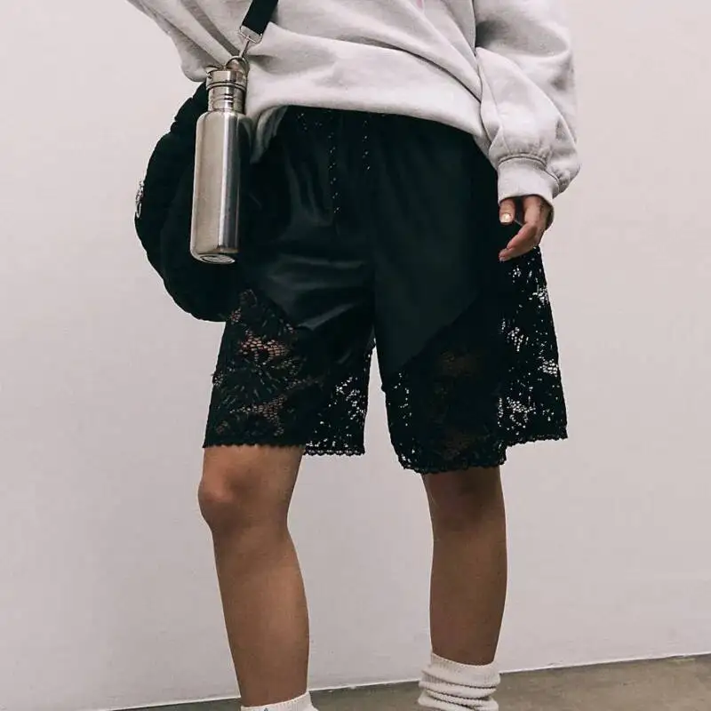 Women Lace Spliced Loose Fitting Sports Casual Medium Length Shorts Comfortable Breathable Trendy And Versatile Basketball Pants