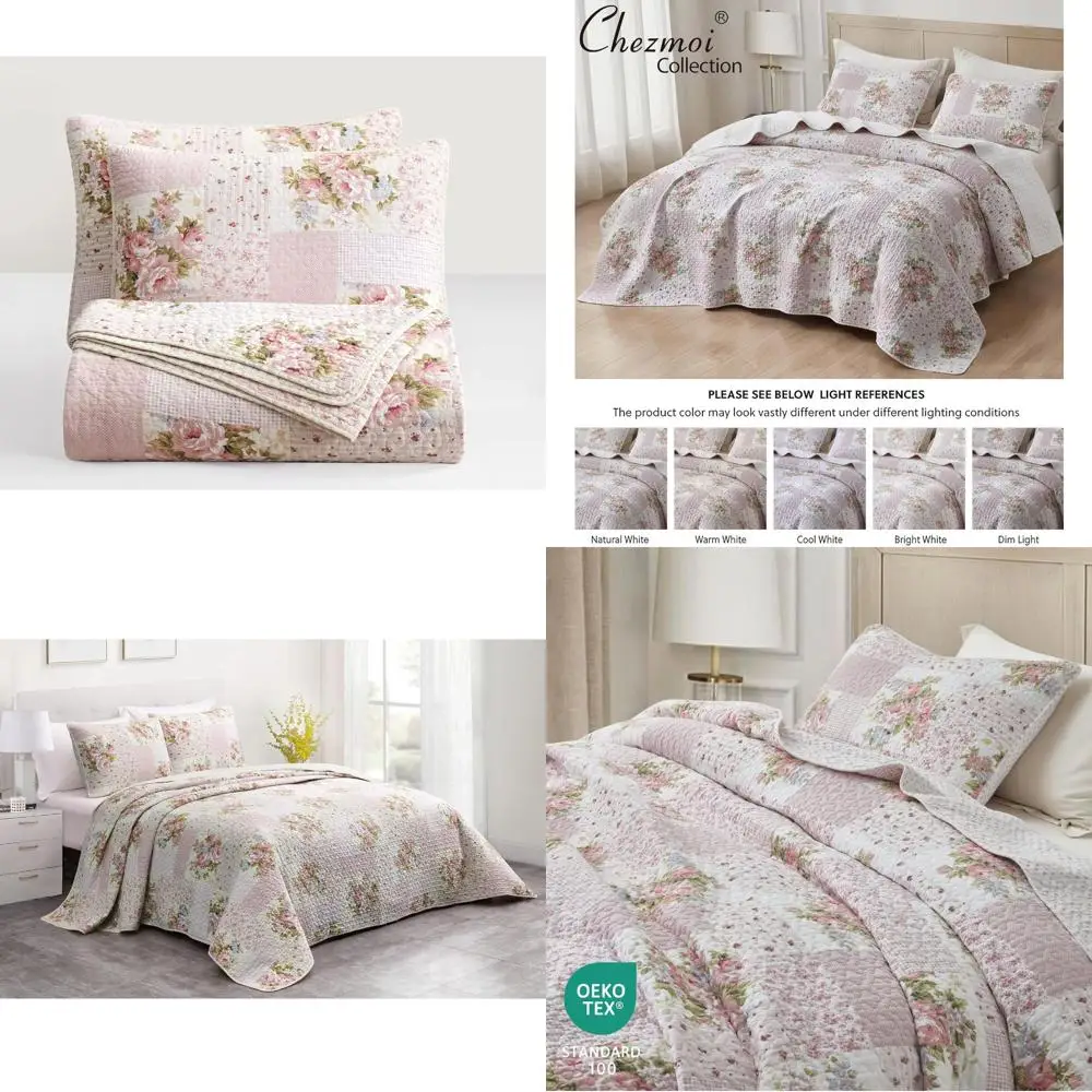 

King Size Pink Floral Striped and Polka Dots Patchwork Cotton Quilt Set - Chezmoi Collection Rosy 3-Piece