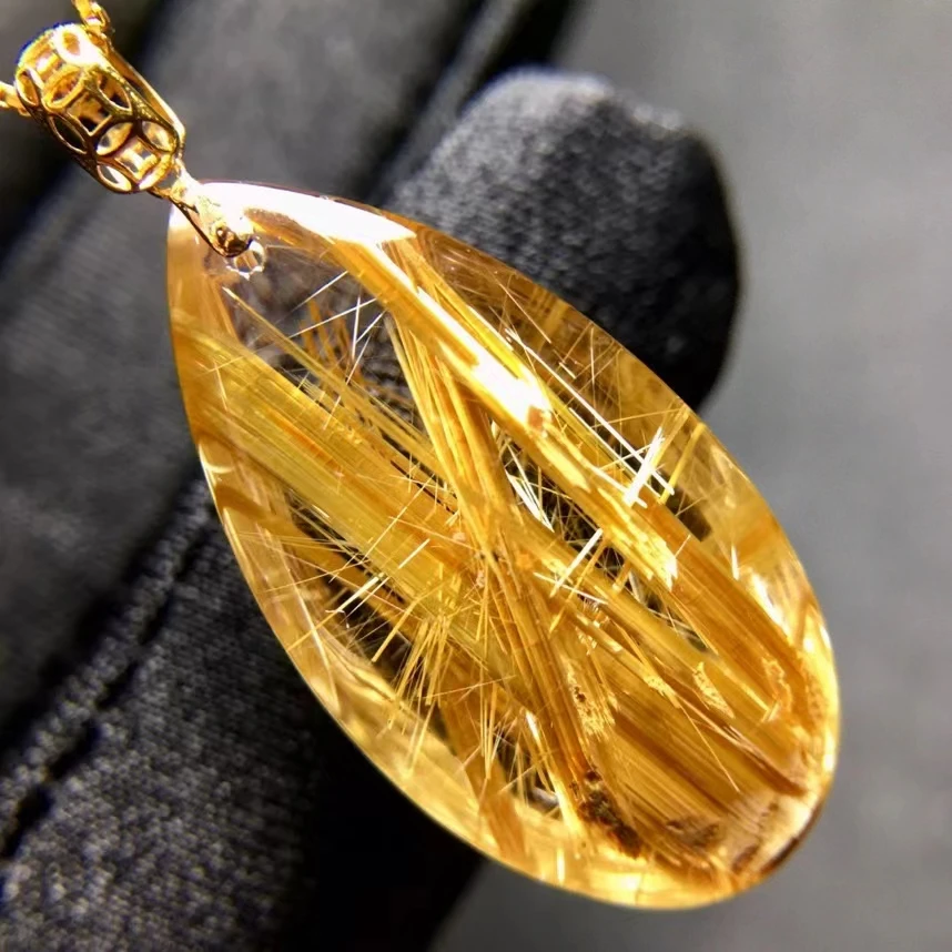 Natural Gold Rutilated Quartz Pendant Water Drop Jewelry 26*13.7*9mm Cat Eye Water Drop Oval Men Women Brazil AAAAAAA