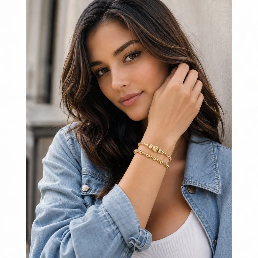 2pcs Women's Gold Color Stainless Steel Beaded Strand Bracelet with Textured Ball Center 17.5cm Trendy Style