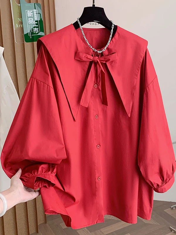 

Loose Fit Knot Shirt Collar Doll Neck Spring Early Women's Long Sleeve Commute Style Korean Version Large Size