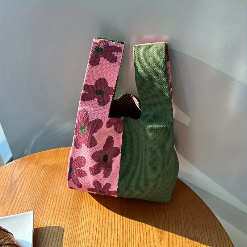 Colorblock Flower Pattern Knitted Satchel Bag, Versatile Mini Shopping Handbag