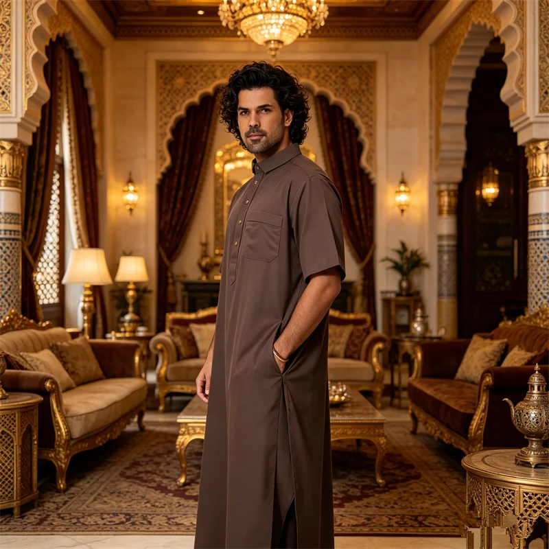 

Eid Saudi Arabic Men's Robe Short Sleeve Jubba Thobe Muslim Men Dress Abaya Turkey Kaftan Islam Clothing Prayer Daffah Dishdasha