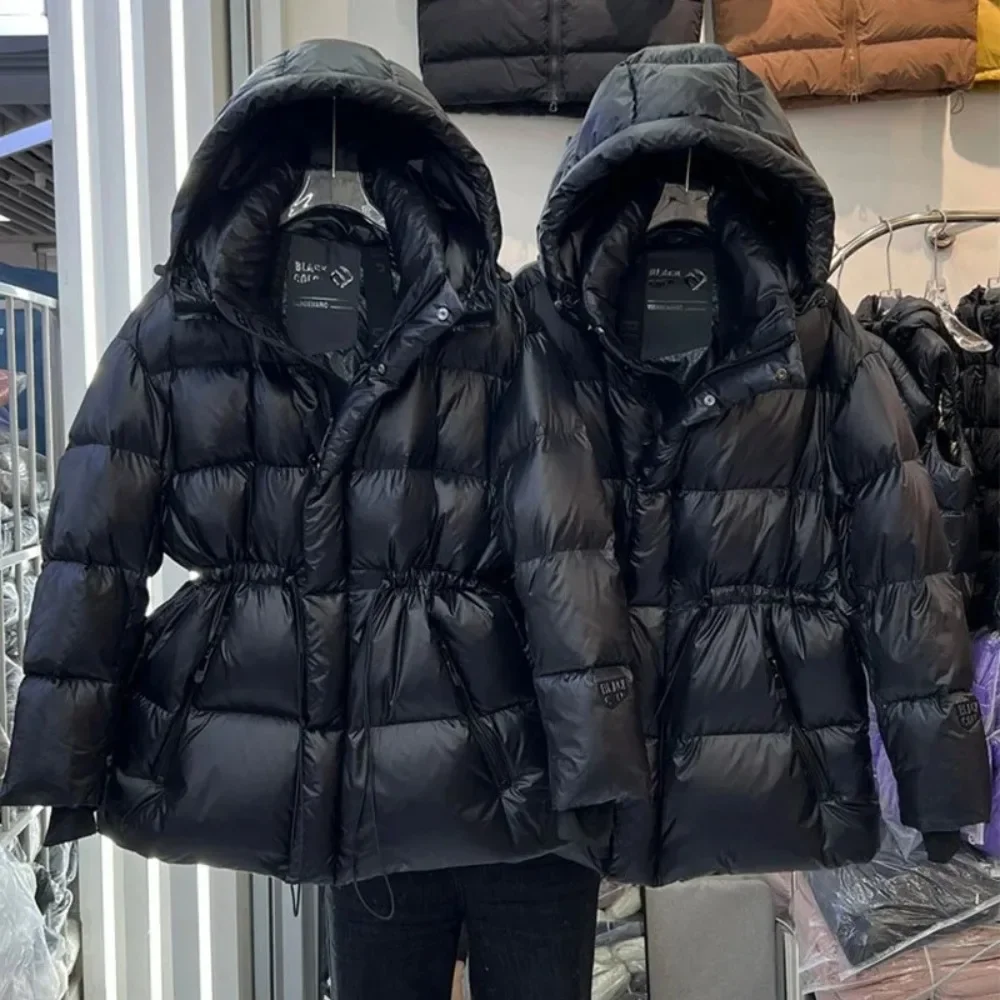 2025年冬 ハイウエスト コールド パファージャケット レディース ホワイトダックダウンコート フード付き ルーズ 厚手 暖かい ブラック エクストリーム 新作 ダウンジャケット