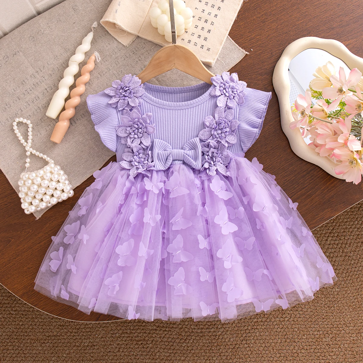 Baby Girls' Dresses Summer Floral Bow Tulle Short-Sleeve Girls Dresses Cute Birthday Party Baby Dresses Baby Girl Clothing