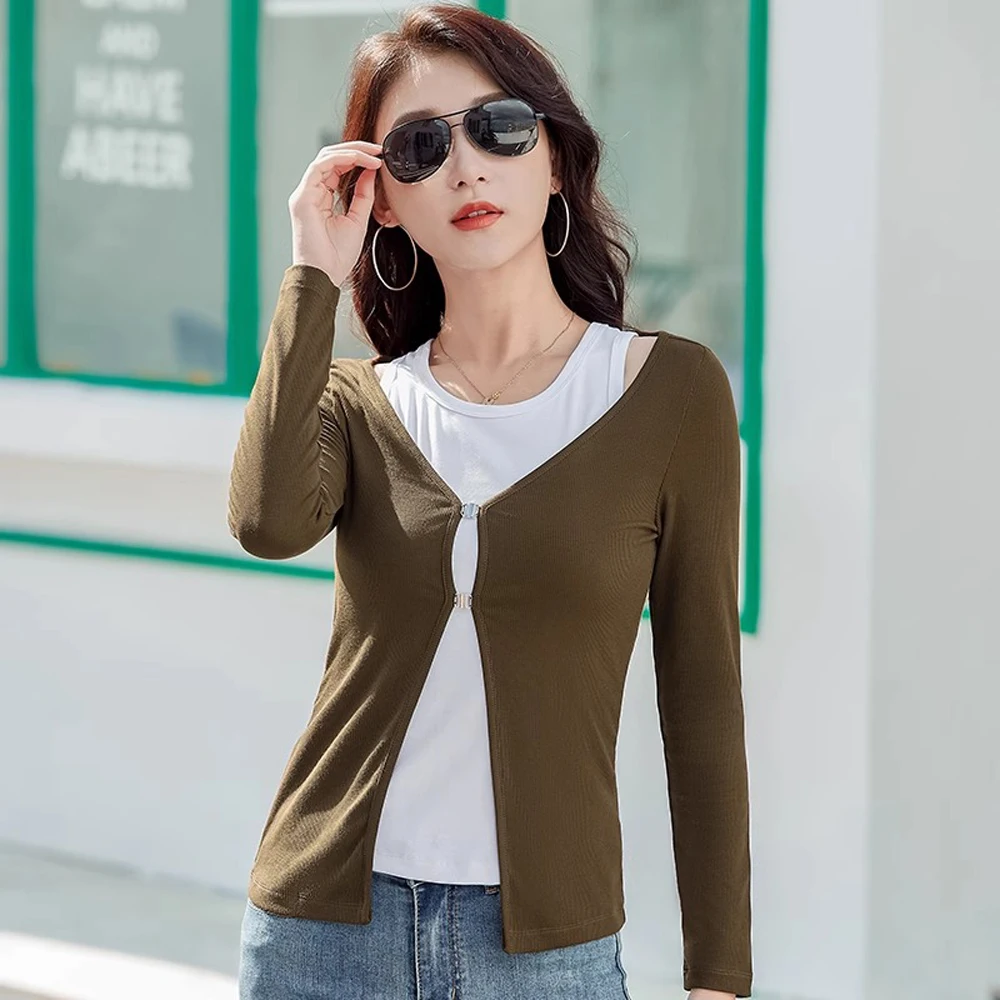 Early autumn beautiful little shirt, women's fake two-piece knitted shirt, green top long sleeved casual high-end outerwear 3XL