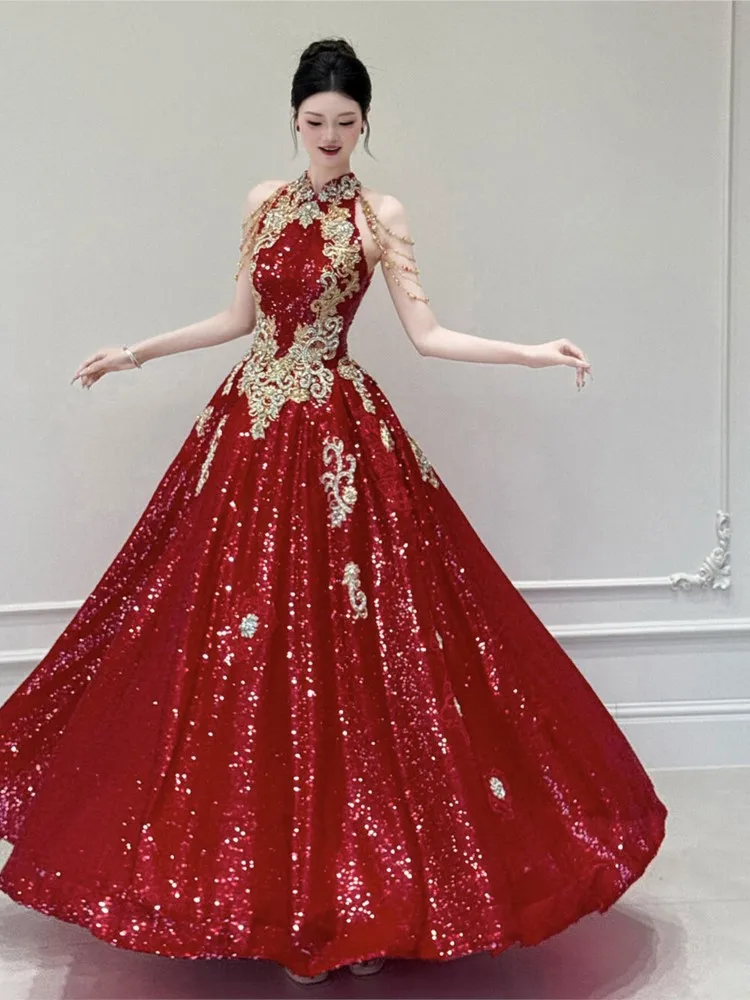 New neck-hung wine red banquet host dress