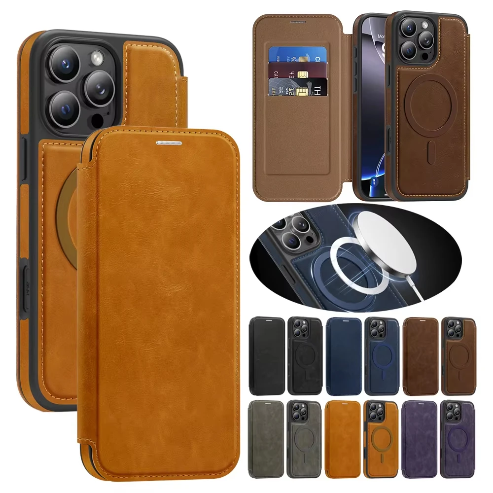 Magsafe Wallet Card Bag Phone Case for iPhone 16 15 14 13 12 11 Pro Max Plus Flip Cover for Men Card Holder