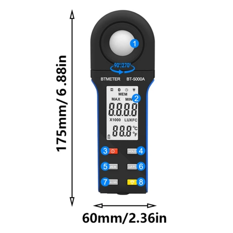 Ручной цифровой люксметр с улучшенной освещенностью, люксметром с беспроводным подключением, высокой точностью и вращающимся