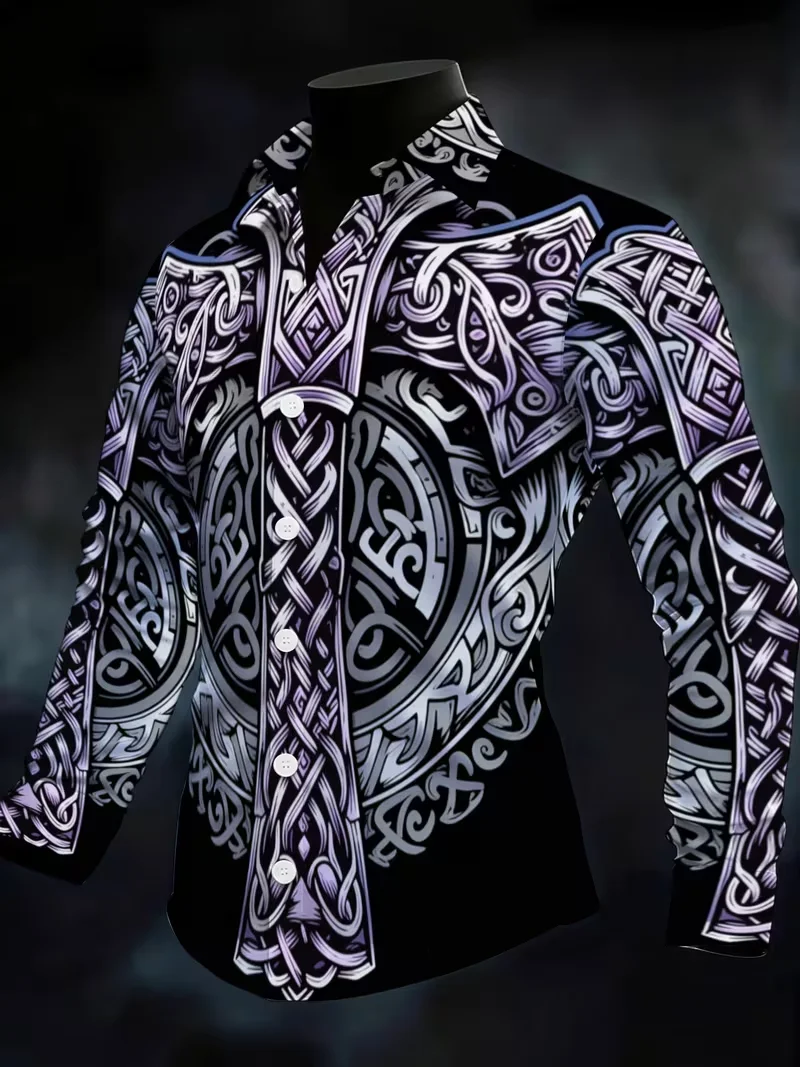 New Retro Men's Top Black Satin Bottom Light Purple White Interwoven Circular Totem Printed Long Sleeve Shirt