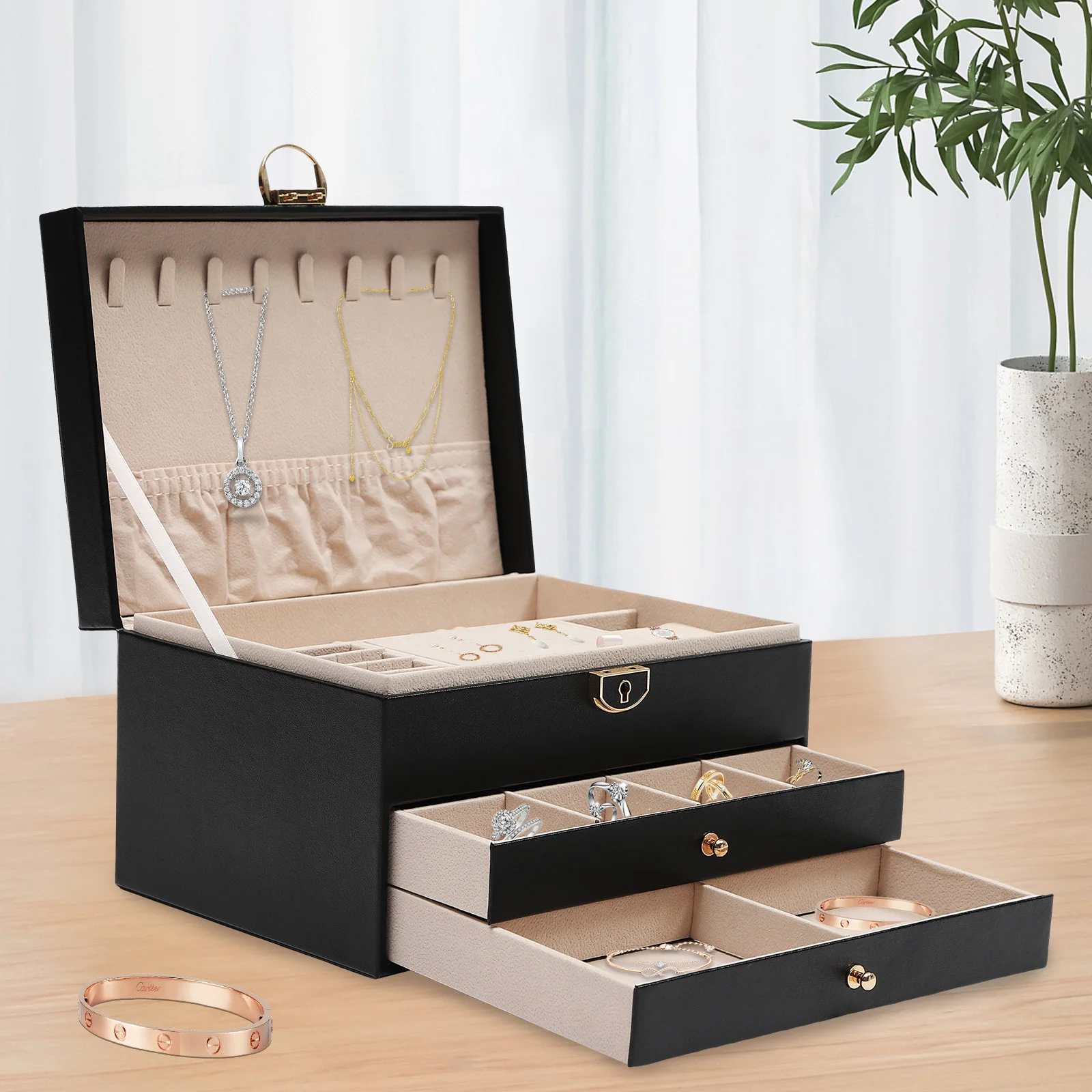 

(Black) 3-Tier Jewelry Box with 1 Key, PU Watch Storage Box with Pillow, Jewelry Organizer Watch Holder Display Case with Drawer