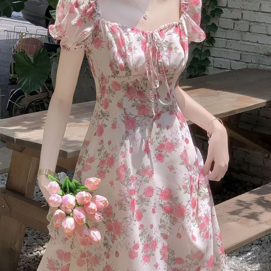 

Pink Floral Chic Waist-hugging Slim Dress for Women in Summer Seaside Vacation French Long Skirt