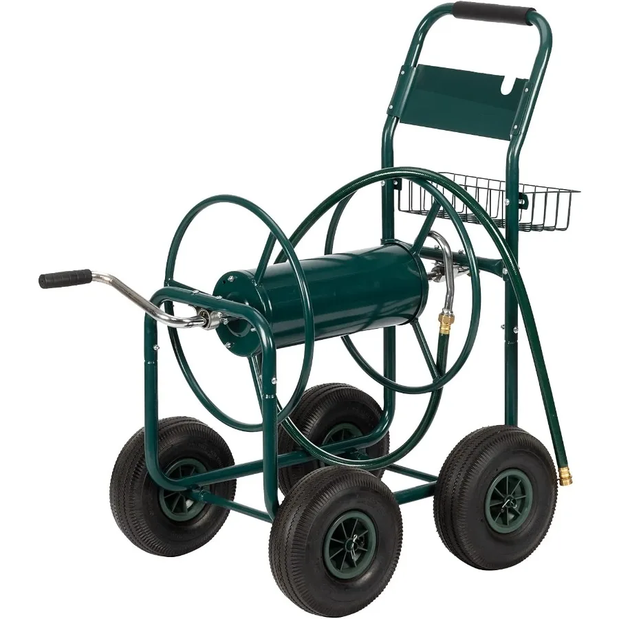 รถเข็นเก็บสายยางรดน้ำแบบพกพา 4 ล้อ พร้อมระบบนำสายยางและตะกร้าเก็บของ สำหรับใช้ในบ้าน ดีไซน์ทนสนิม