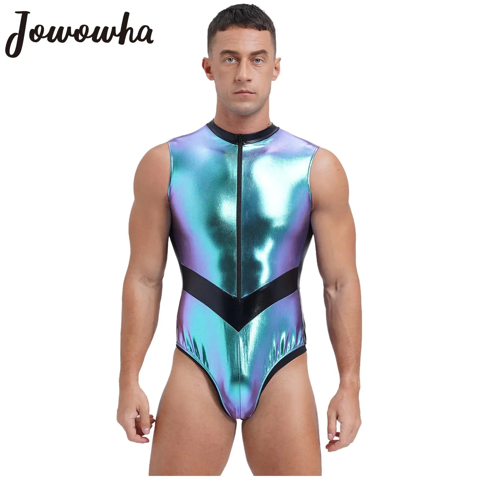 Mens Metallic Shiny Bodysuit Astronaut Costume Space Cadet Cosplay Leotard Sleeveless Catsuit Crossdresser Rave Party Clubwear