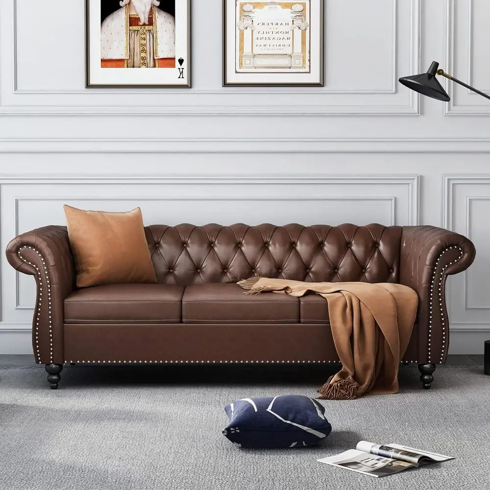 

Classic 3 Seater Leather Sofa with Rolled Arms and Channel Tufted Back for Living Room or Office, Brown PU Leather