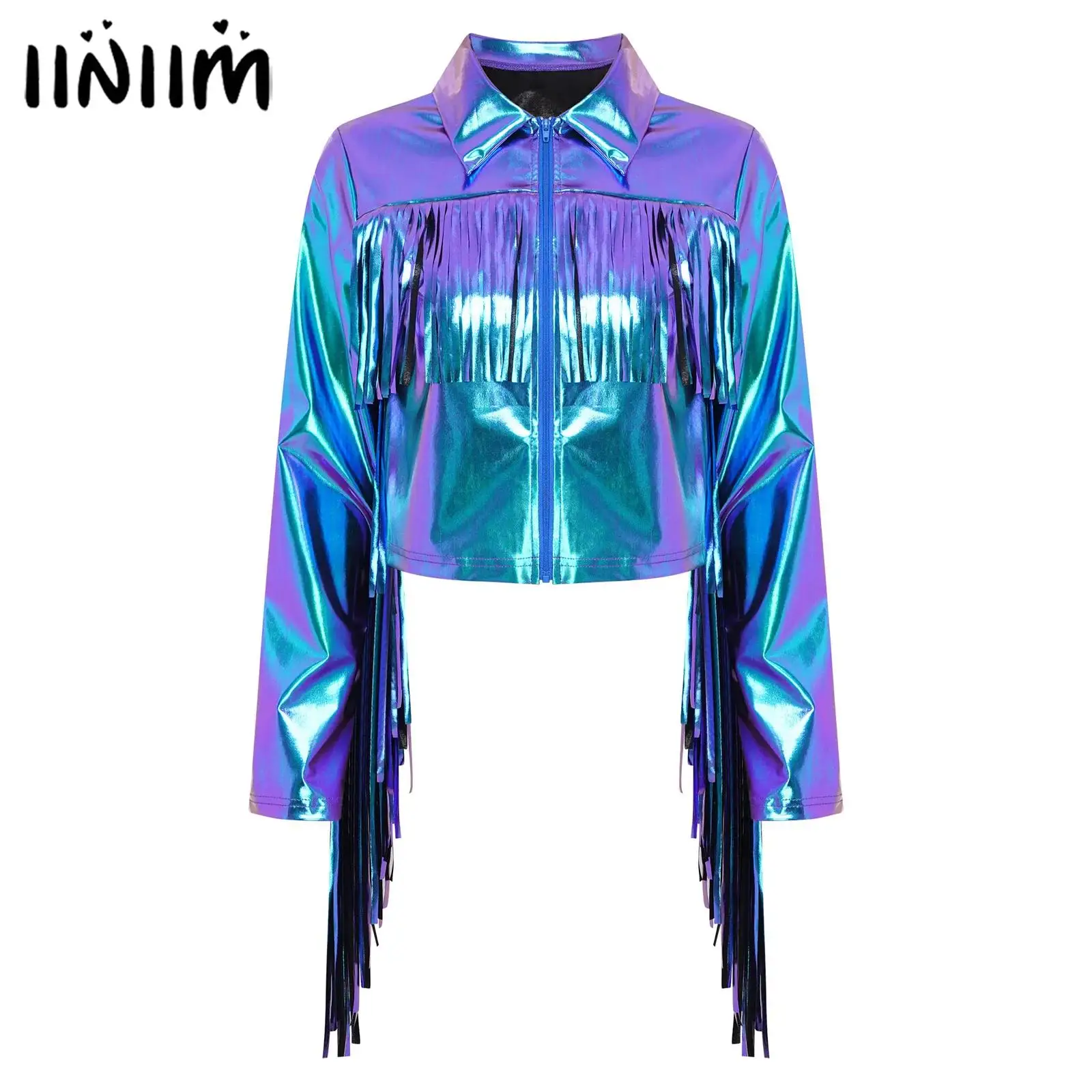 Womens Tassels Hip Hop Jazz Dance Performance Costume Metallic Glossy Tops Turn-Down Long Sleeve Zipper Fringe Shiny Jacket