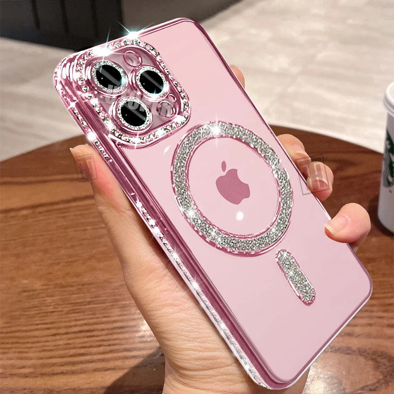 Luxury Pink Plating Shining Diamond Case For iPhone 16 15 14 13 12 11 Pro Max Plus Transparent Magsafe Magnetic Protective Cover